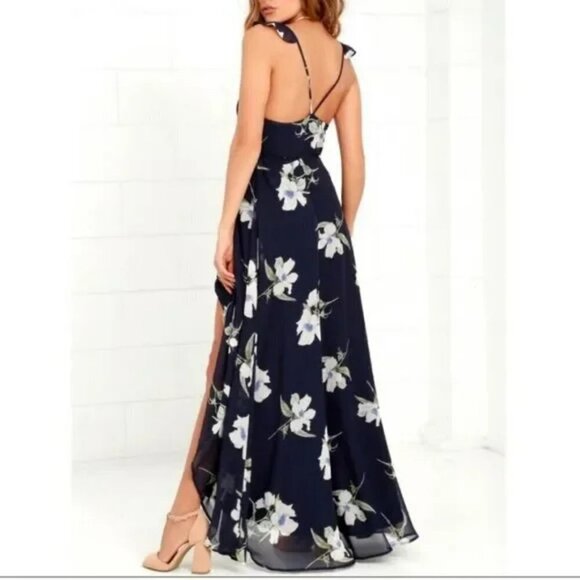 LULUS All Mine Navy Blue Floral Print High-Low Maxi Wrap Dress 65229 - Picture 13 of 13